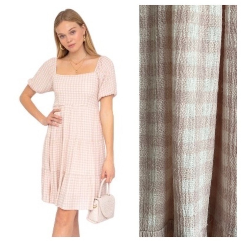 Gilli Pink White Gingham Plaid Smocked Mini Dress